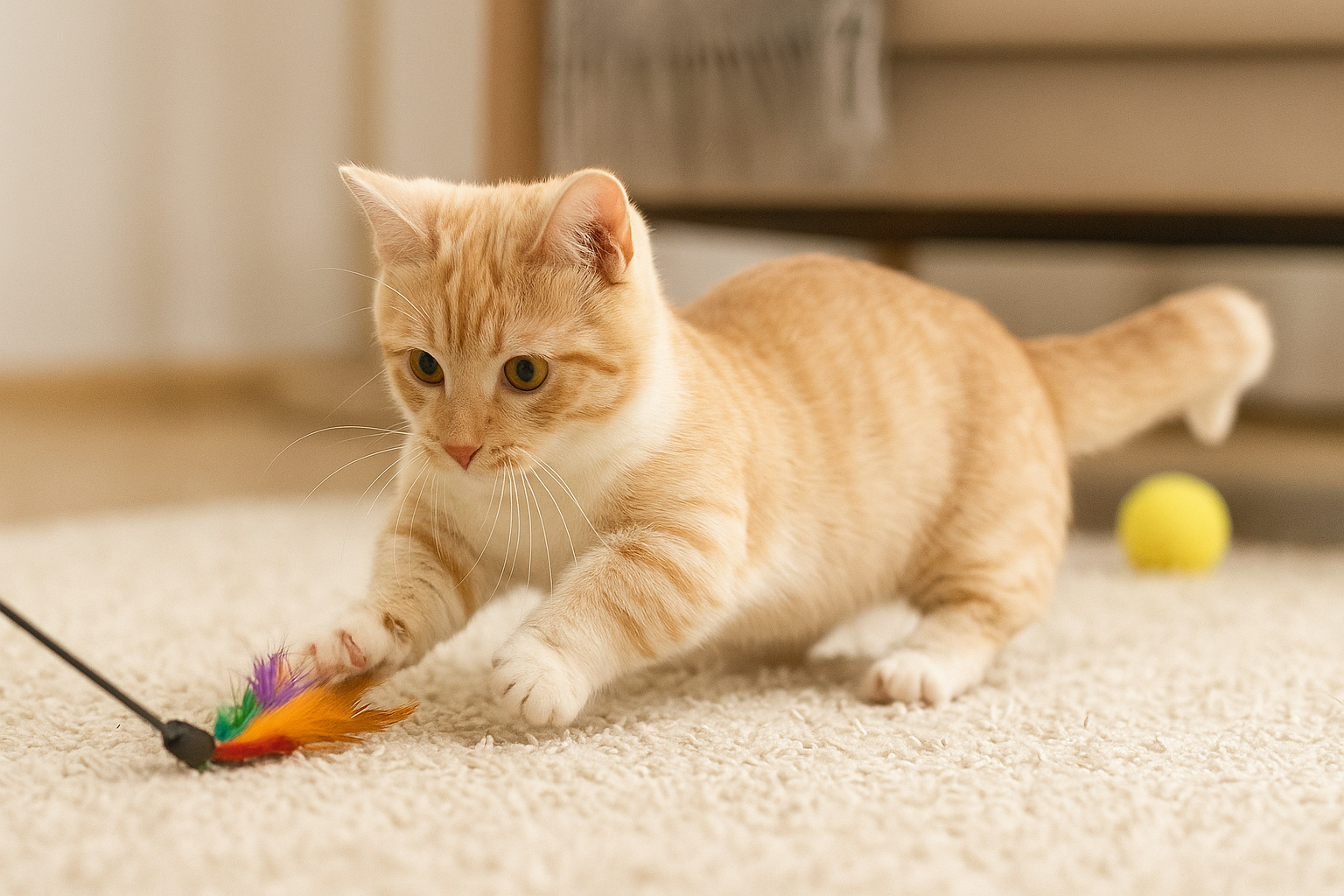 Munchkin Cat with short legs and cream tabby coat mid-pounce while playing with a feather toy indoors