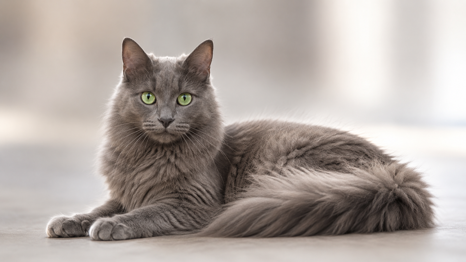 Nebelung cat with a silky blue-gray coat, green eyes, and a plumed tail lying down in soft natural light.