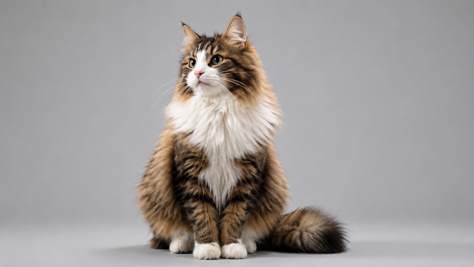 Norwegian Forest Cat breed portrait showing triangular face, full ruff, and bushy tail