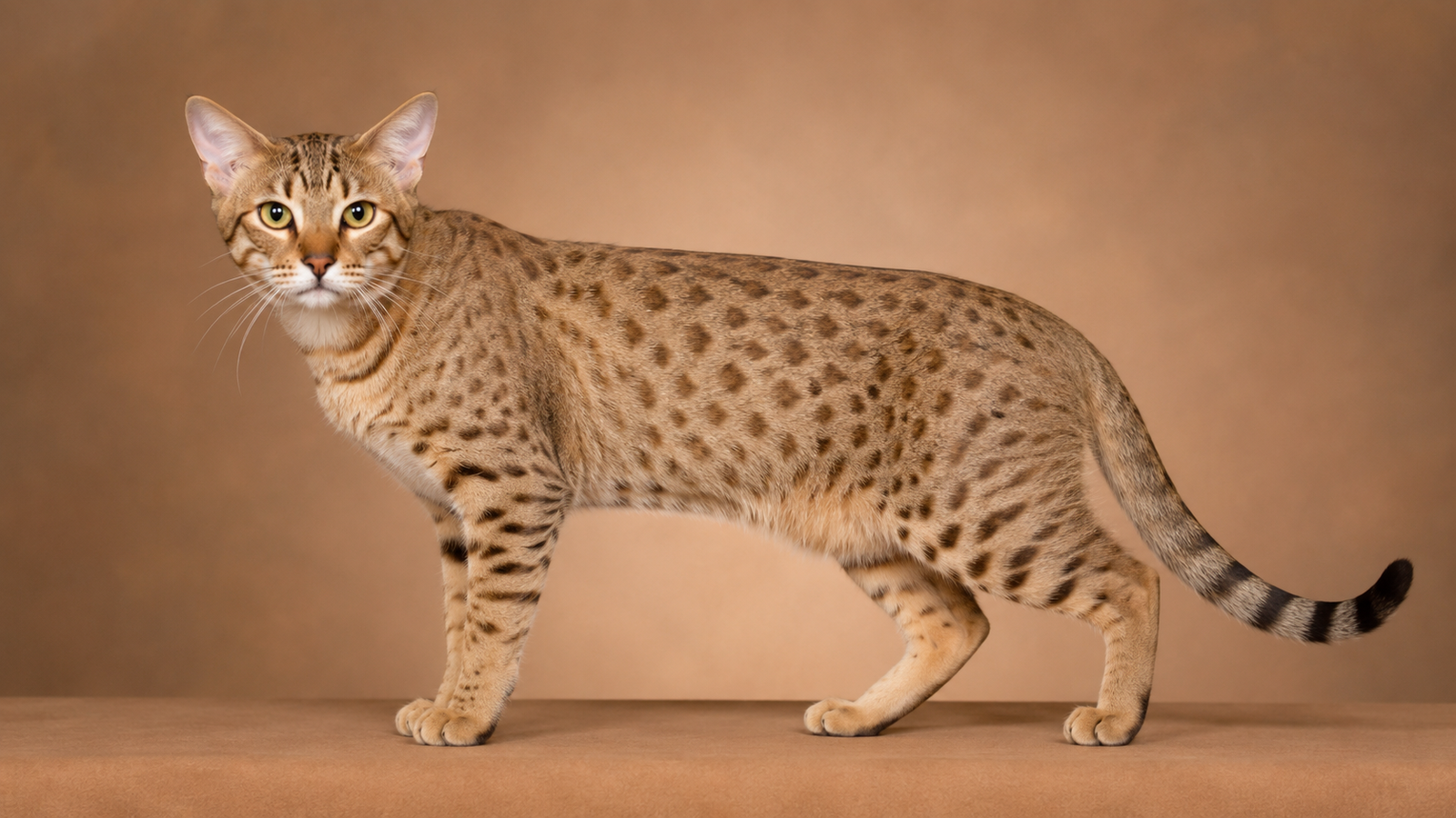 Tawny Ocicat cat standing in profile showing dark brown thumbprint spots, ringed tail, and muscular athletic build
