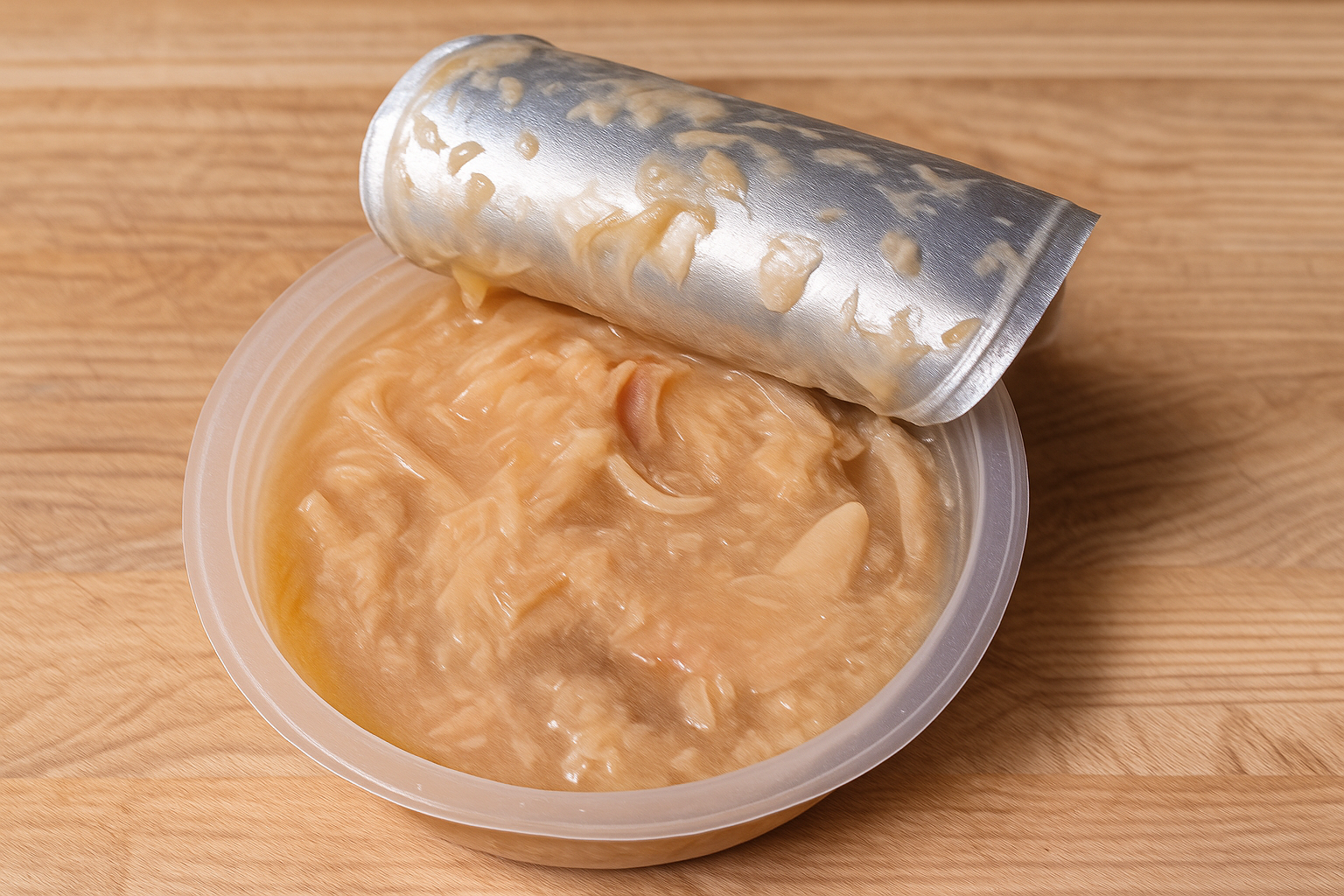 Opened cup of Rachael Ray Nutrish Chicken Purrcata wet cat food with shredded chicken in light gravy.