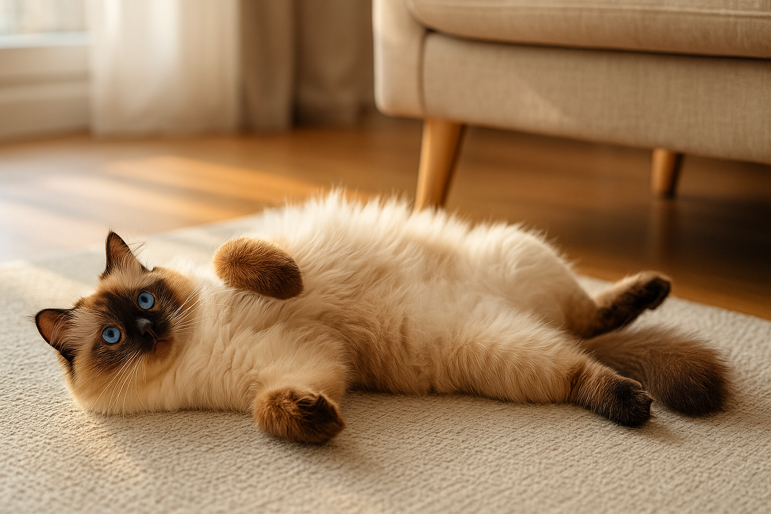 A Ragdoll cat lying on its back in a sunlit living room with its blue eyes gazing upward, belly exposed and paws curled, relaxing on a soft rug.