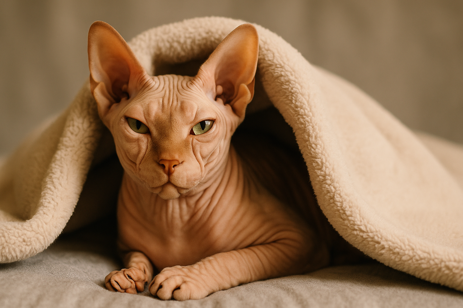 Sphynx Cat lounging under a blanket with a content expression.