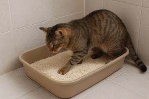 A domestic short-haired tabby cat using a litter box filled with light-colored tofu litter pellets, shown in a clean indoor setting.