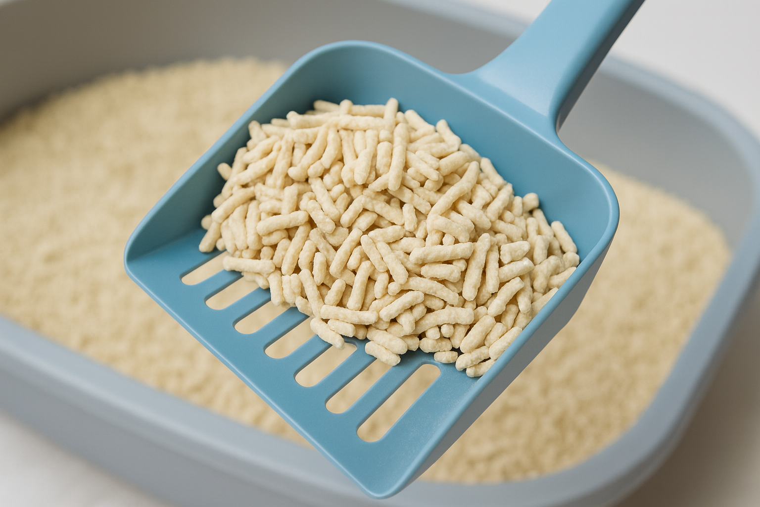 A close-up photo of a litter scoop filled with light beige tofu cat litter pellets, resting over a clean litter box with soft background blur.
