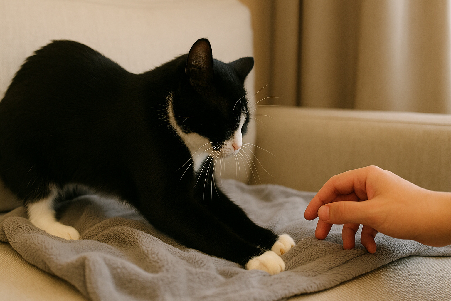 A black-and-white tuxedo cat kneading a soft gray blanket on a beige couch, with its eyes closed in contentment and a human hand gently reaching toward it.