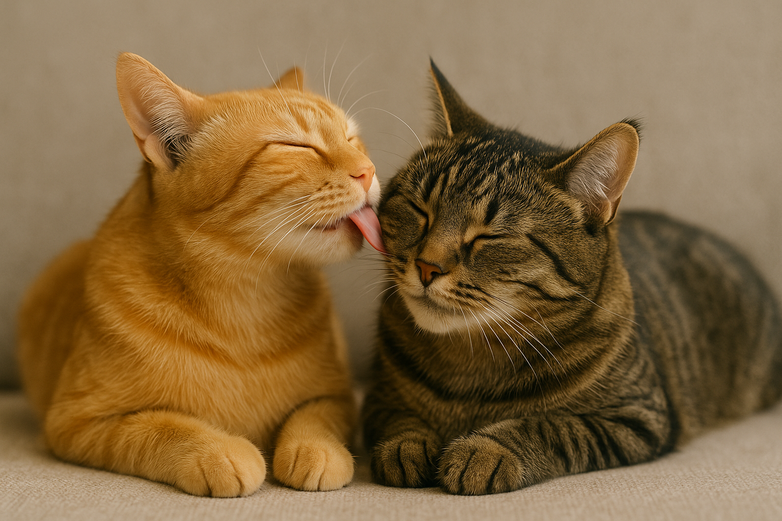 Two domestic shorthair cats grooming each other on a beige couch, with one orange tabby licking the brown tabby's forehead in a calm, affectionate moment
