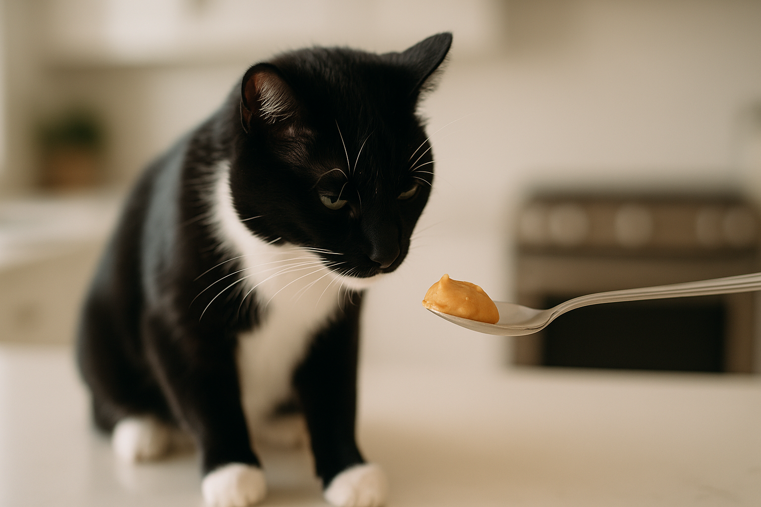 A black-and-white tuxedo cat sniffing a spoon with a small dollop of peanut butter, sitting on a bright kitchen counter in soft natural light.