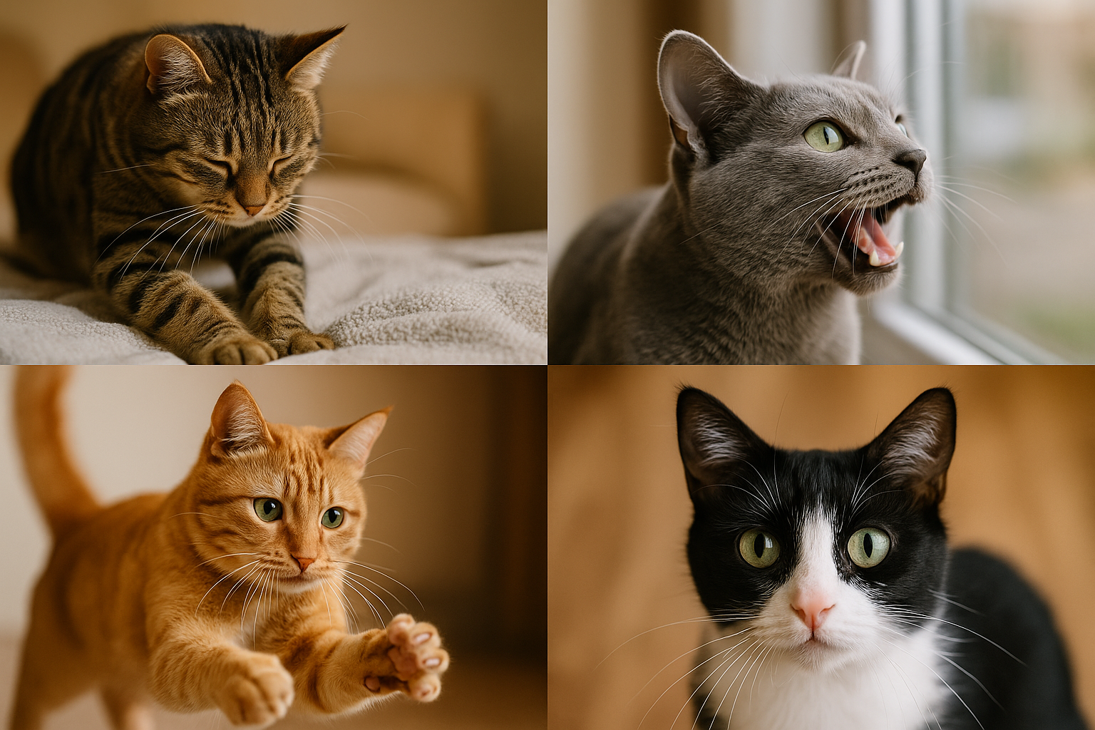 A collage of four photos showing different cat behaviors: a cat kneading a blanket, a curious cat chirping at a window, a zooming cat in mid-run, and a cat swishing its tail in alertness.