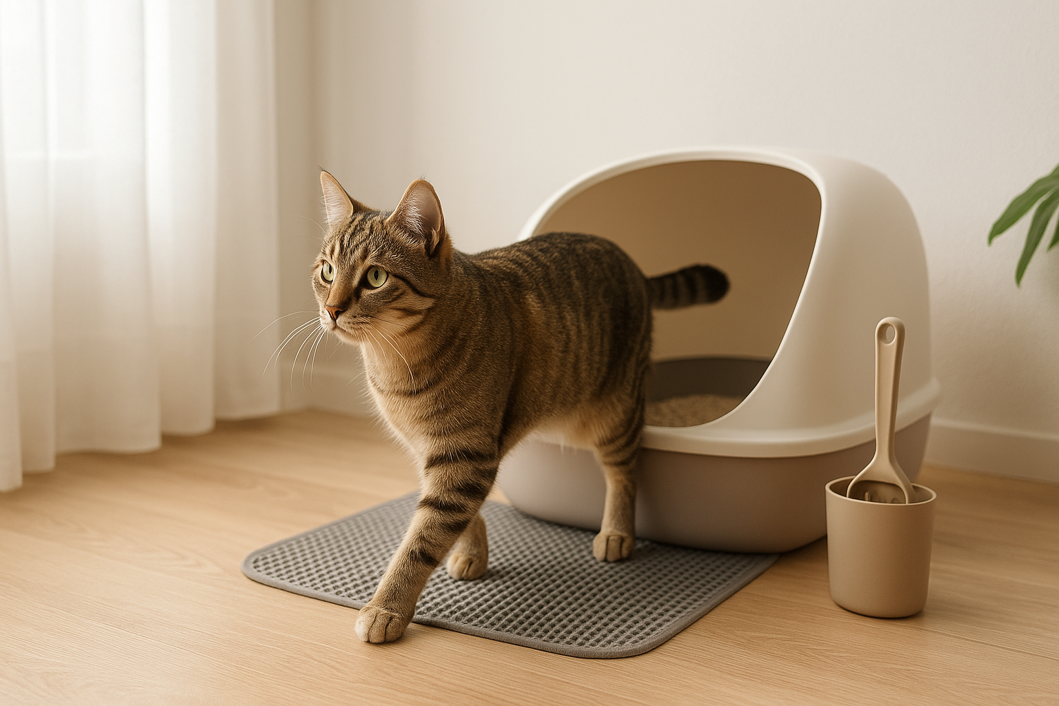 A curious cat inspecting a clean litter box with fresh litter, soft lighting and a tidy background
