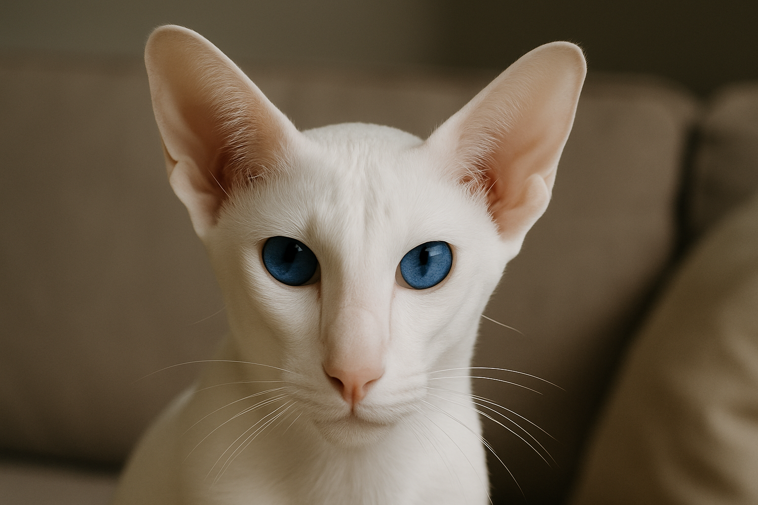 Close-up portrait of a Foreign White cat with a sleek white coat, large upright ears, and vivid blue almond-shaped eyes, looking directly at the camera with an alert expression.