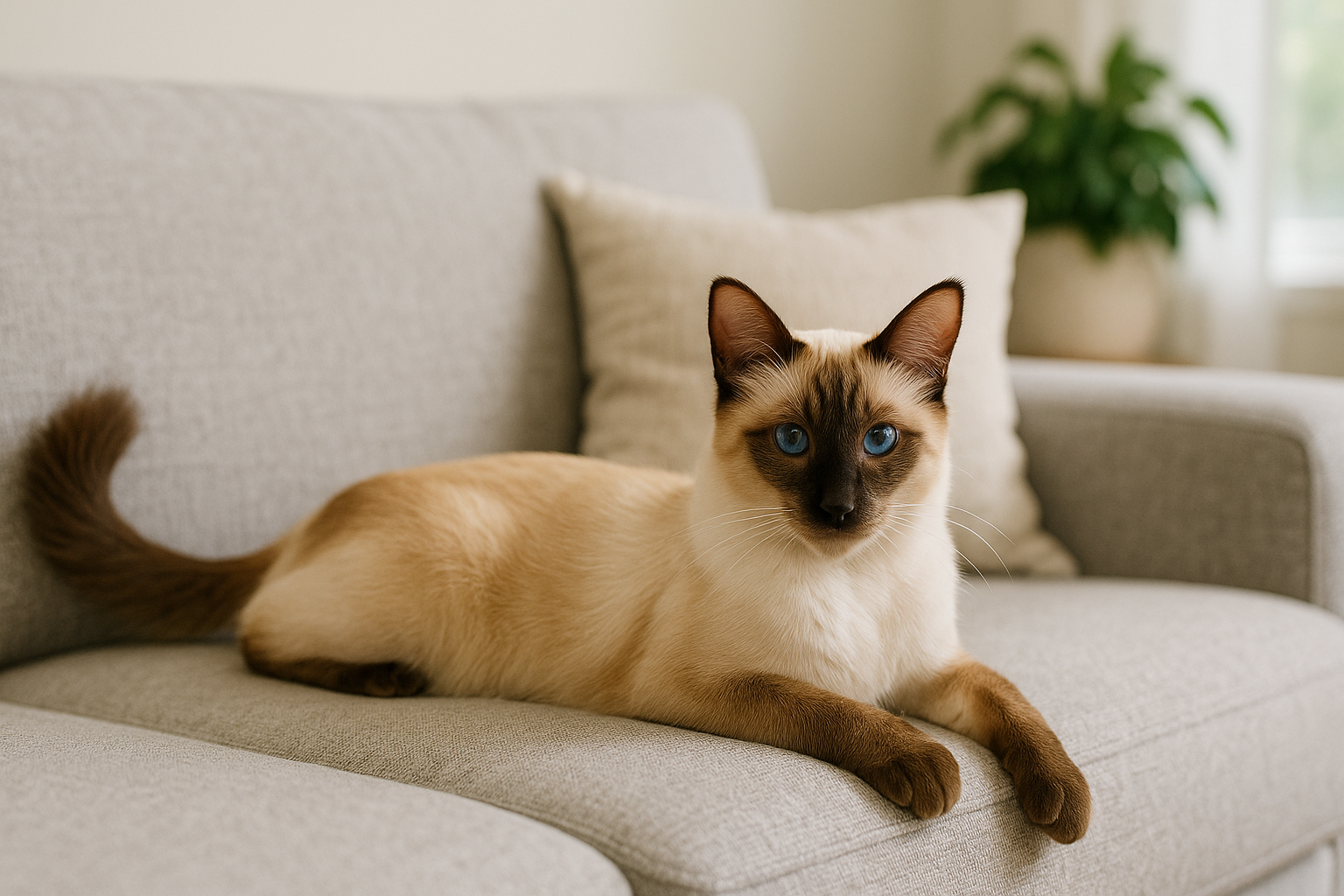 A Javanese cat with a cream-colored coat and dark brown points lounges on a light gray sofa, gazing forward with vivid blue eyes. A beige pillow and leafy plant in the background create a cozy, relaxed setting.