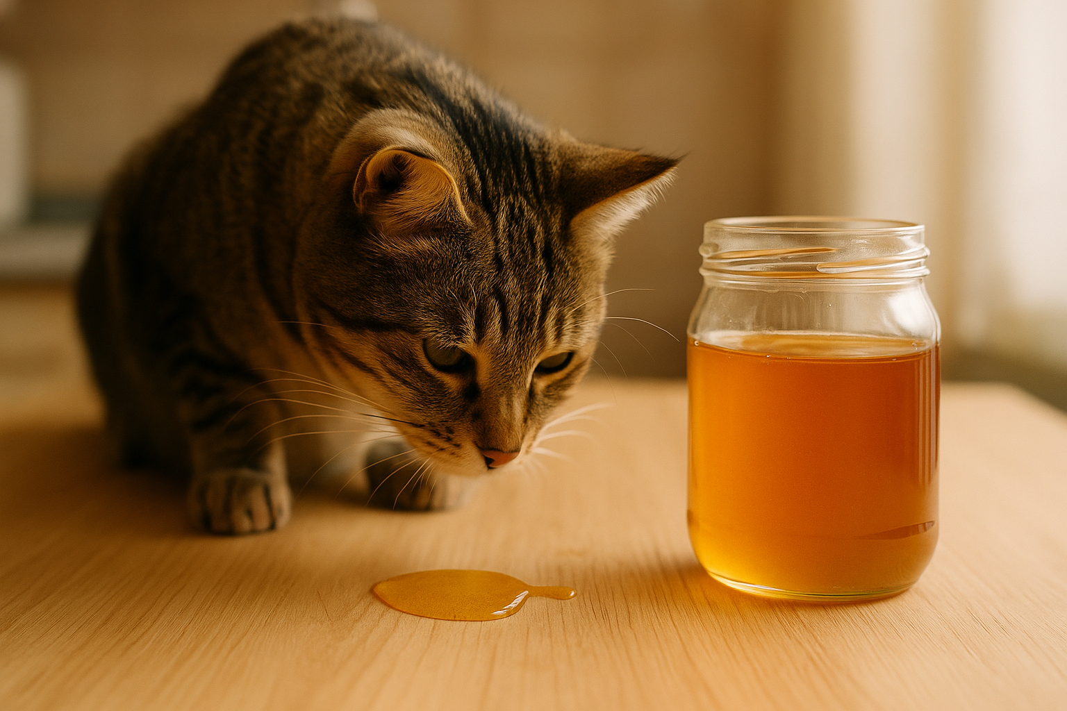 A domestic short-haired tabby cat sniffing a small honey spill beside a glass jar on a wooden table in warm natural light.