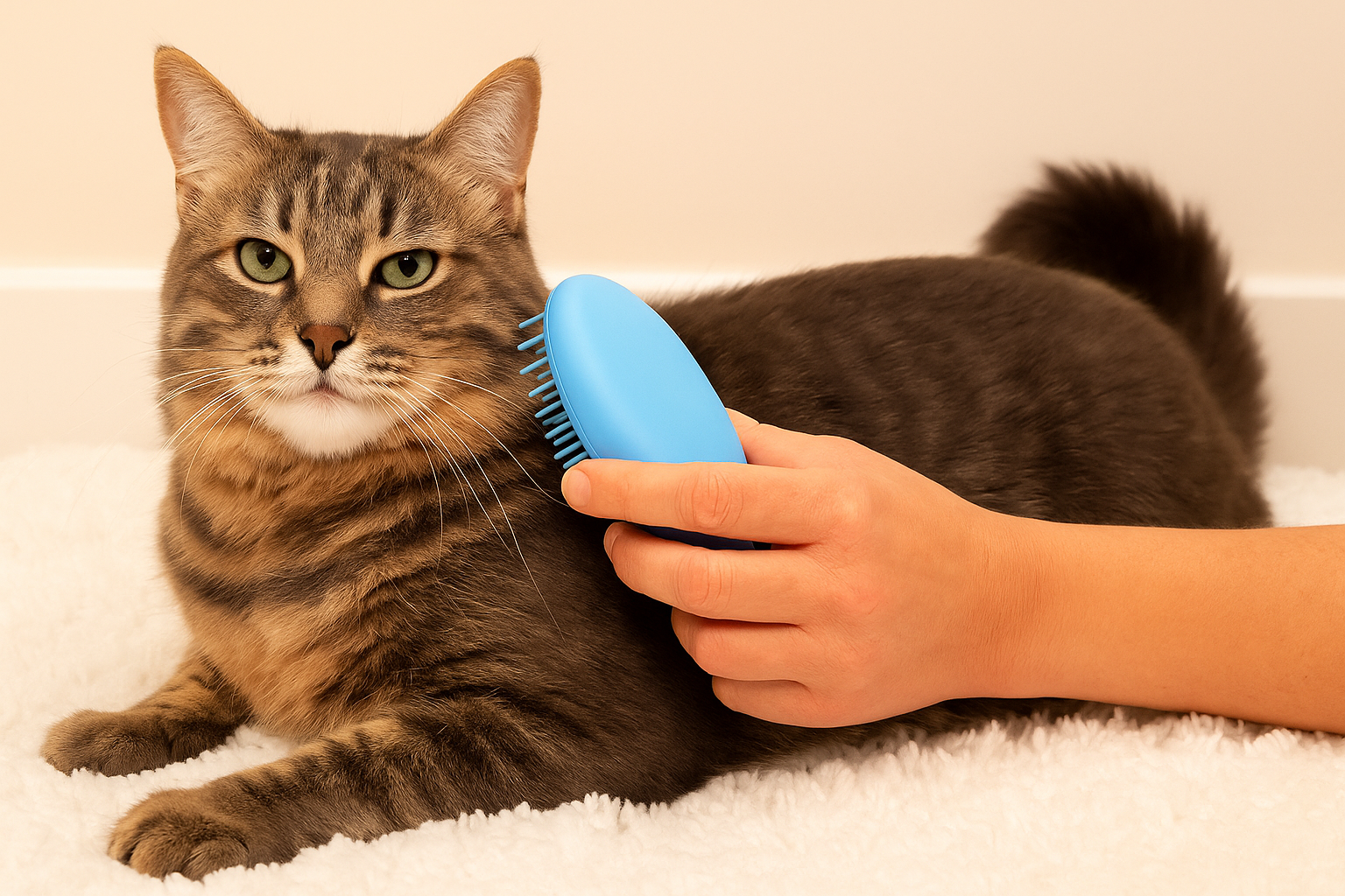 A person brushing a cream-colored cat with a blue grooming brush during a gentle grooming session, showing proper cat grooming care in a calm indoor setting.