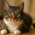 Domestic Shorthair cat with green eyes and tabby markings lying on a wooden floor in warm indoor lighting.