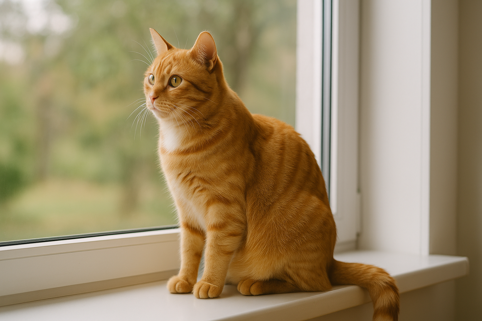 Domestic Shorthair Cat sitting on a windowsill with soft lighting