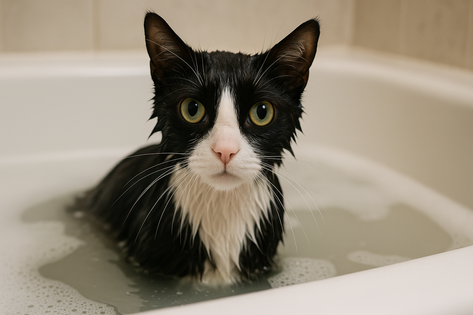 Wet tuxedo cat in a bath with minimal soap, looking at the camera.