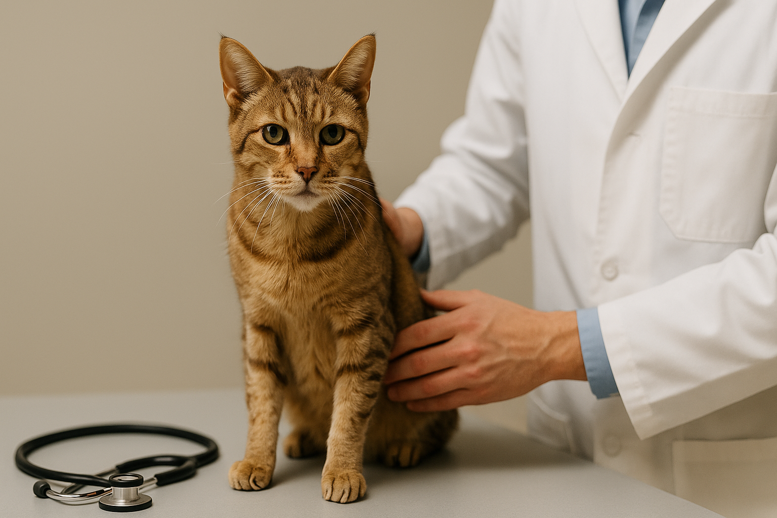 A senior tabby cat sits on a veterinary exam table while being gently examined, with a stethoscope resting nearby