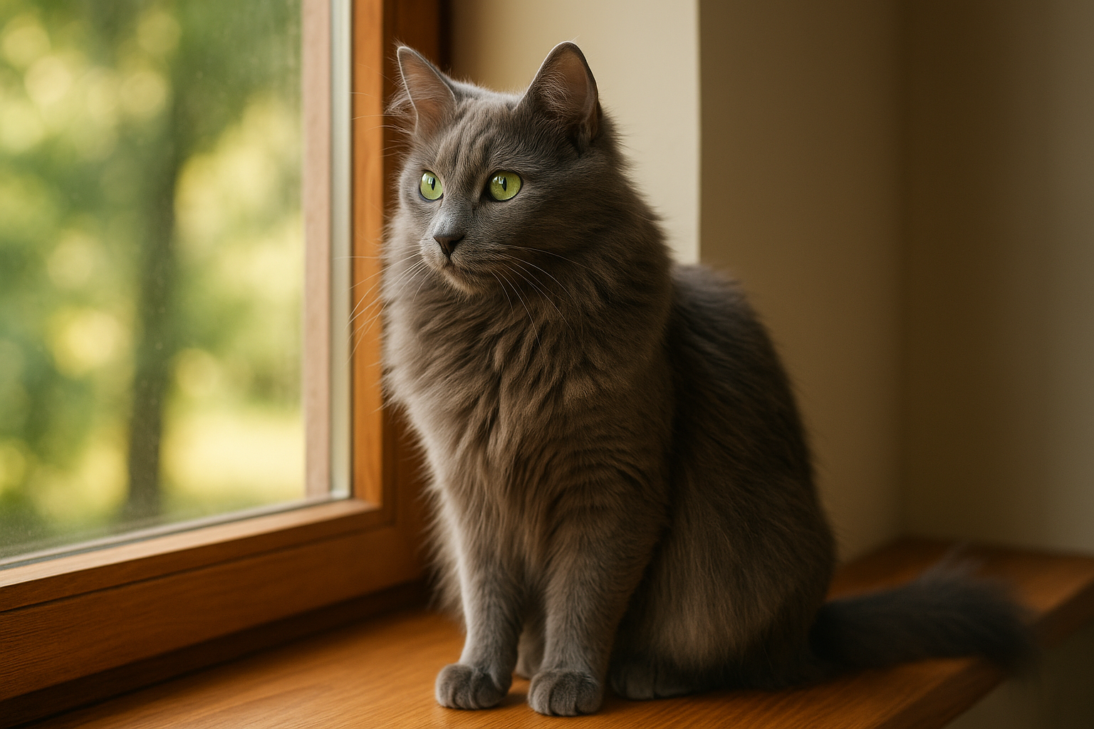 Nebelung cat with a silky blue-gray coat and bright green eyes lounging gracefully indoors