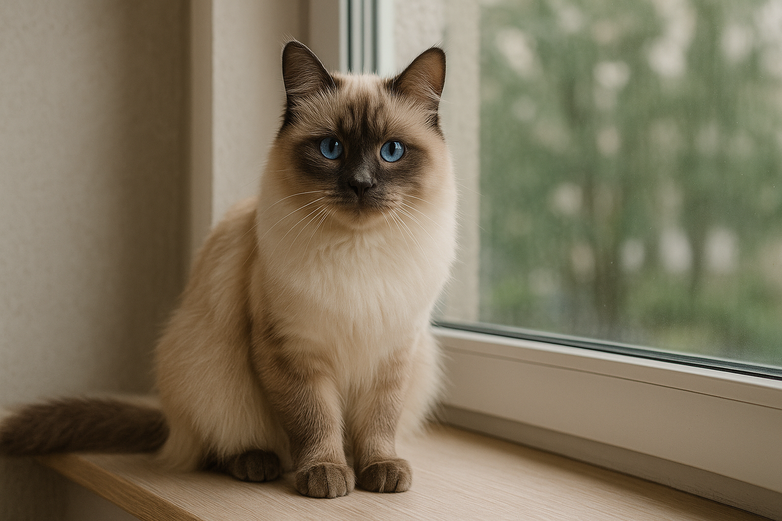 Neva Masquerade cat with vivid blue eyes and colorpoint markings
