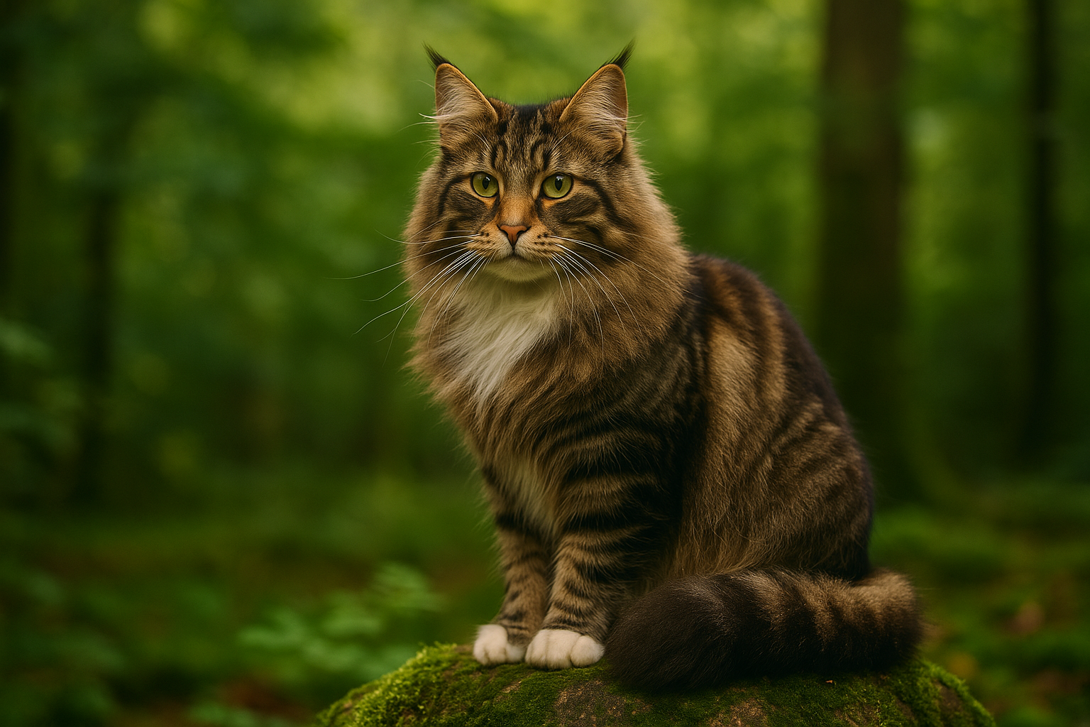 Norwegian Forest Cat sitting on a mossy rock in a lush green forest with thick tabby-and-white fur, bushy tail, and bright green eyes