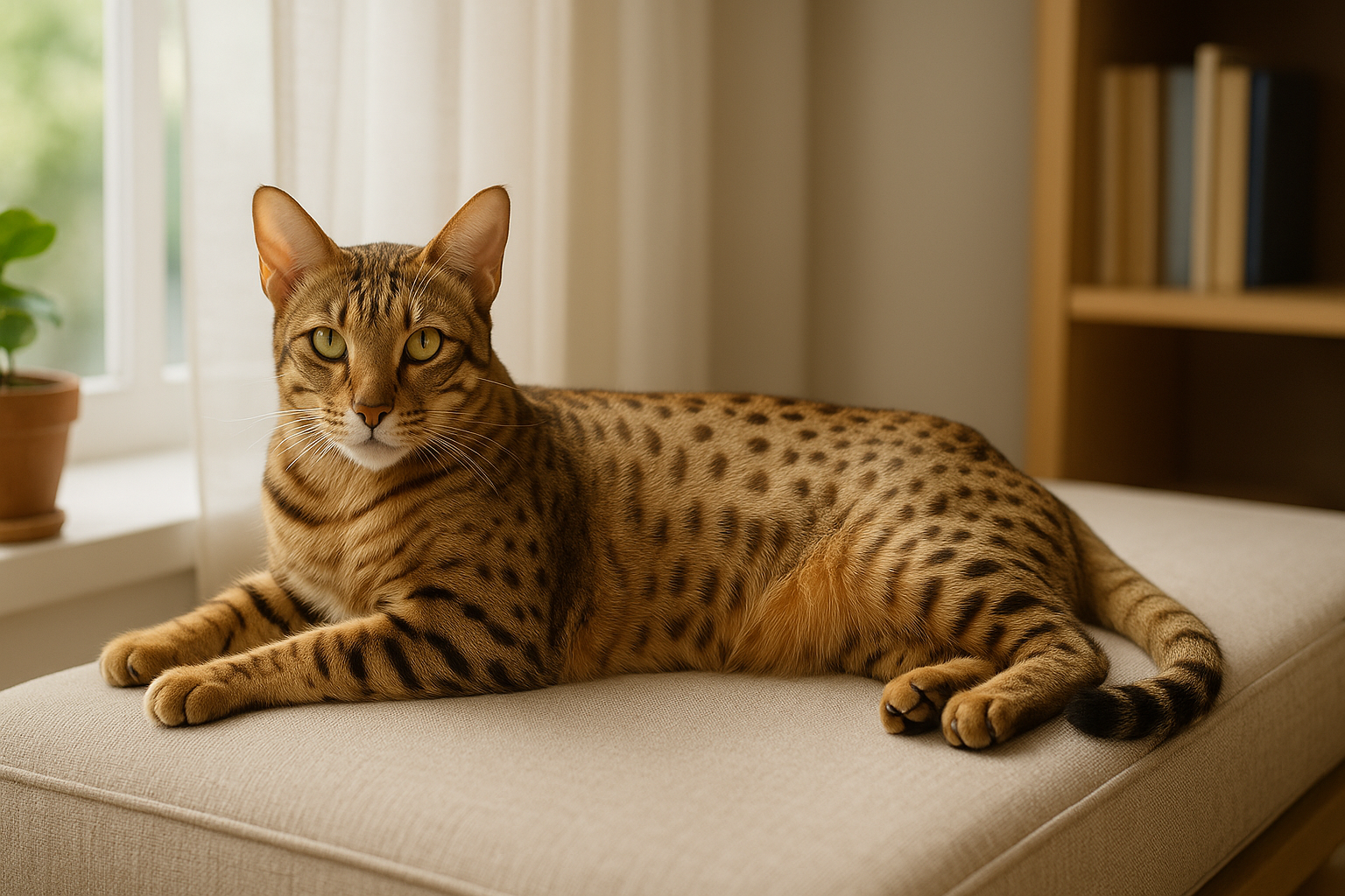 Ocicat lounging near a window seat with golden spotted coat and alert expression