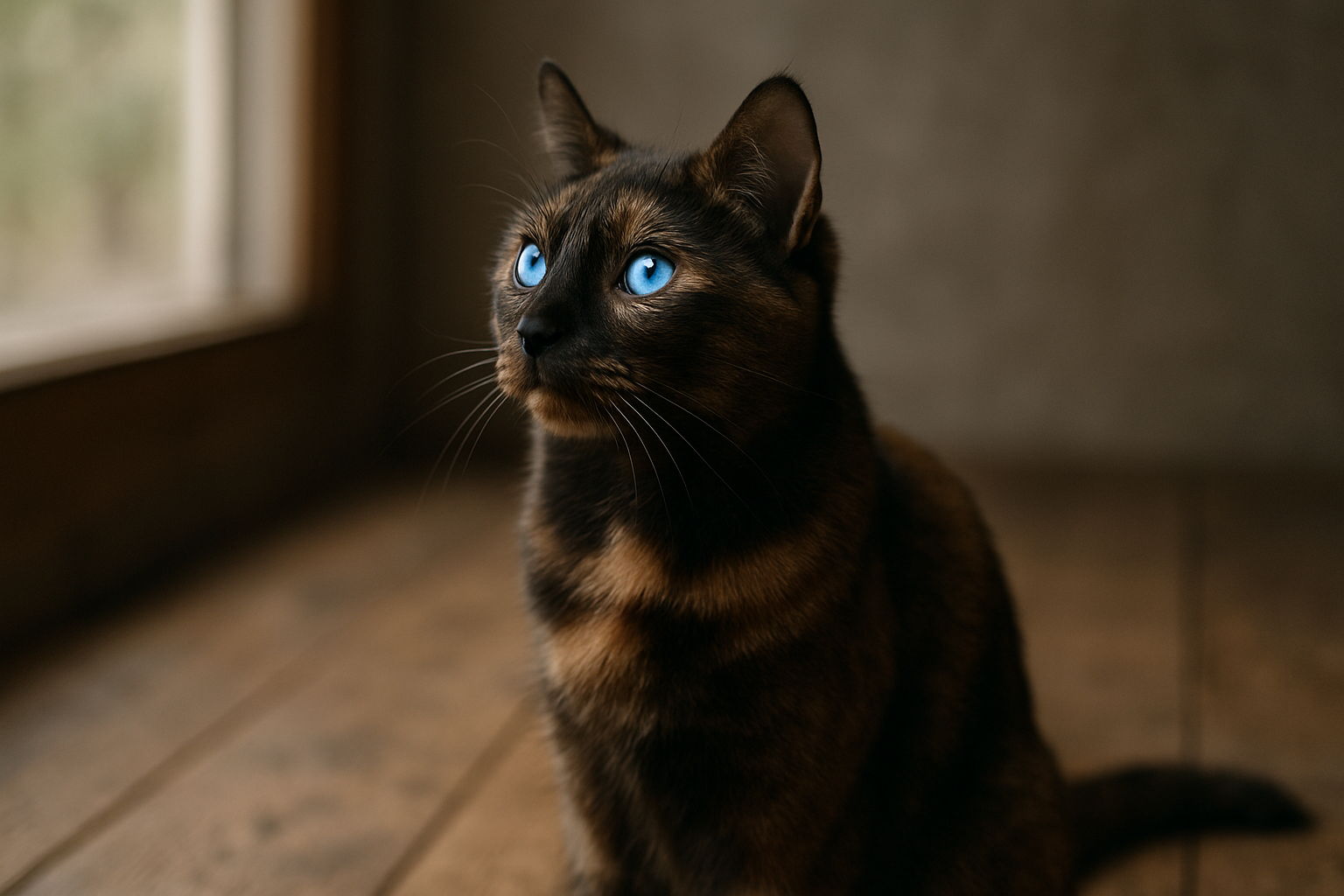 A tortoiseshell Ojos Azules cat with vivid blue eyes sits near a sunlit window, its multicolored coat illuminated by soft natural light on a rustic wooden floor.