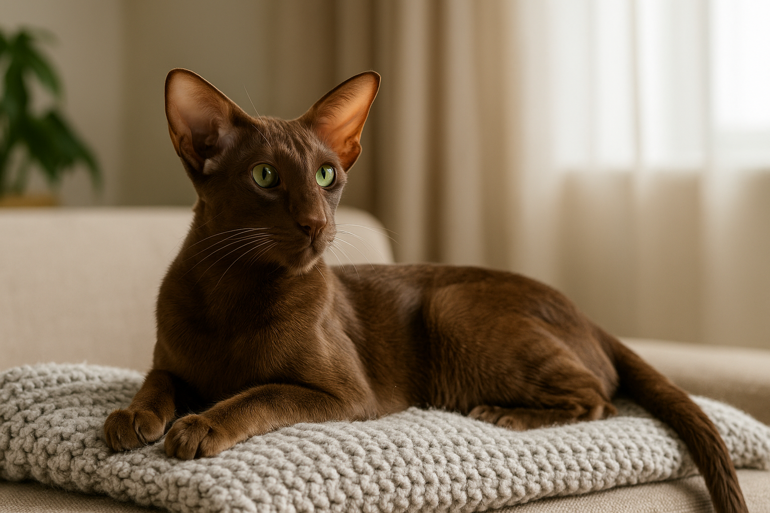 Oriental Cat thumbnail showing a chocolate brown cat with large ears and almond-shaped eyes lounging on a beige sofa
