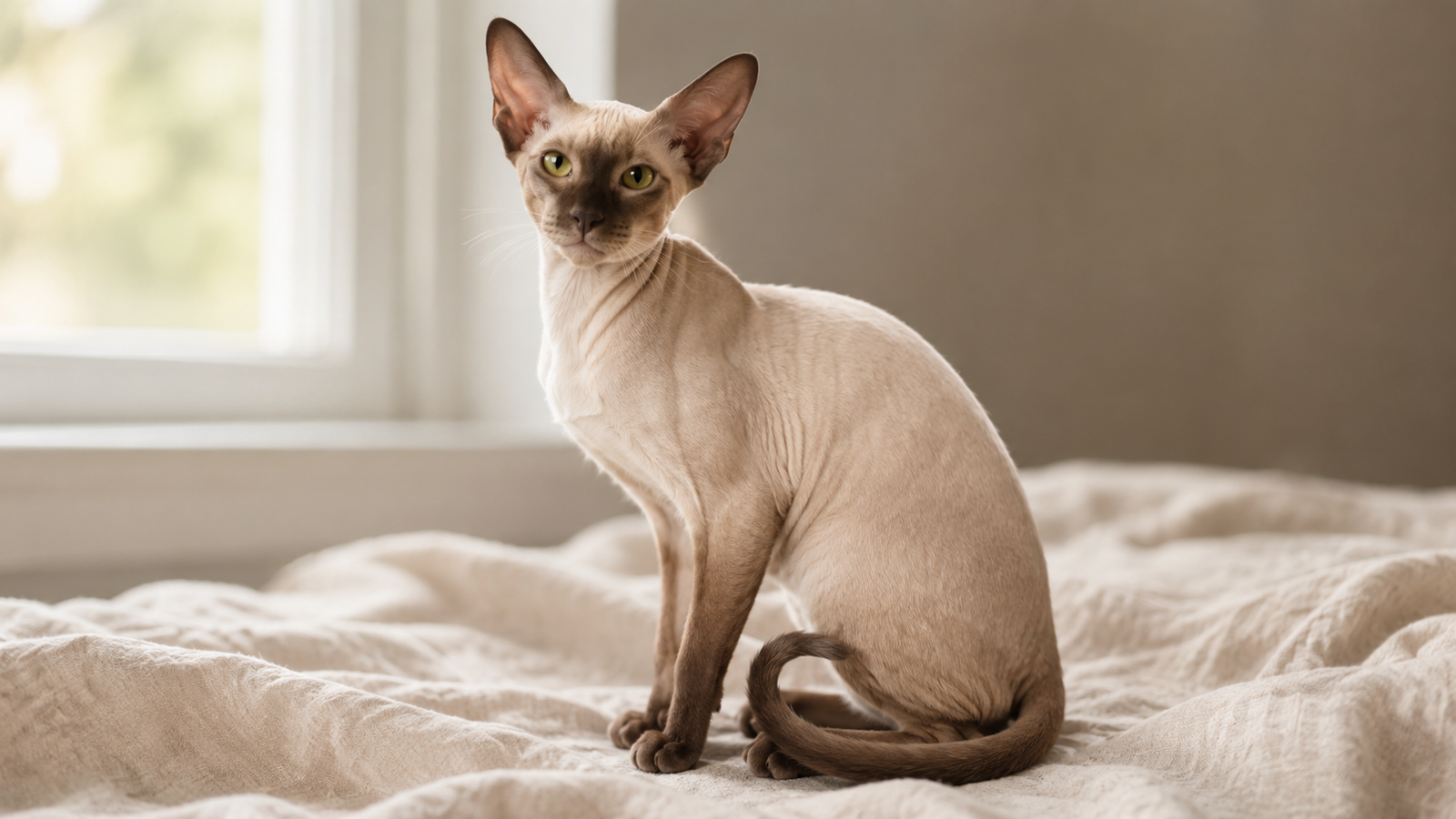 Seal point Peterbald cat with velour coat sitting in three-quarter profile on a cream linen blanket near a bright window.