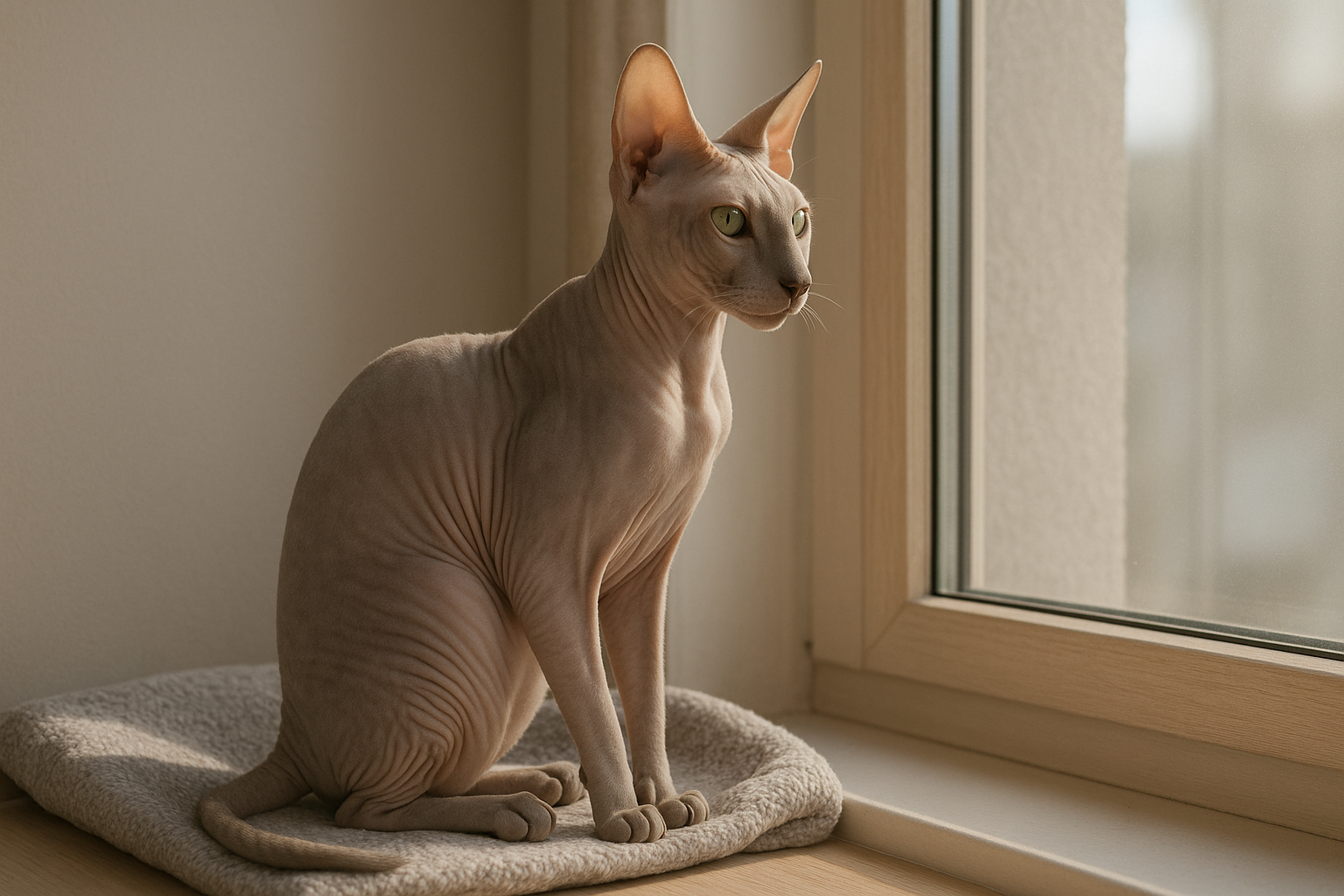 Hairless Peterbald cat sitting by a window on a soft blanket