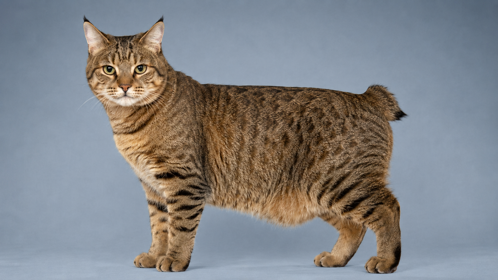 Pixie-bob cat standing in side profile with muscular build, spotted tabby coat, lynx-tipped ears, and short bobbed tail against a blue-gray background.
