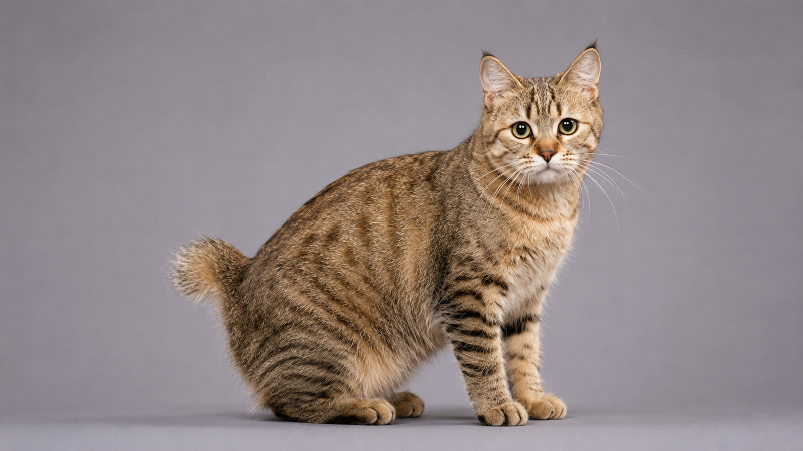 Pixie-bob cat standing in side profile with muscular build, spotted tabby coat, lynx-tipped ears, and short bobbed tail against a blue-gray background