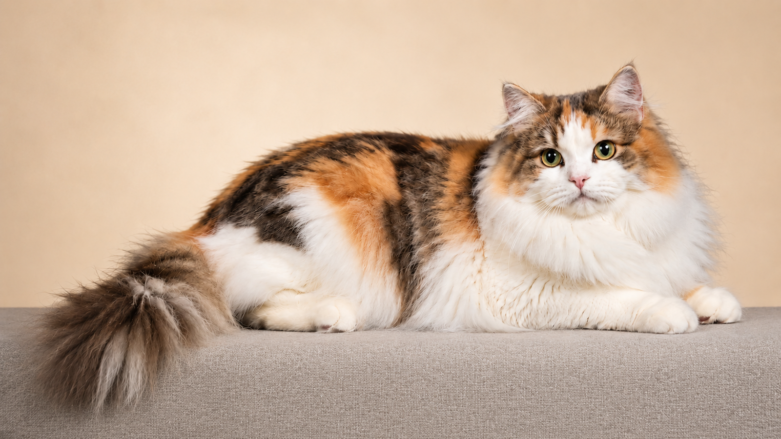 Ragamuffin cat with a fluffy calico coat and green-gold eyes lying on a light grey surface