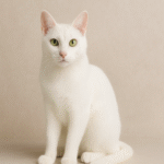 Russian White Cat with vivid green eyes sitting gracefully against a soft beige background, showcasing its short white coat and elegant posture.