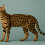 Savannah Cat standing confidently against a soft teal background, showcasing its tall ears, long legs, and spotted golden coat
