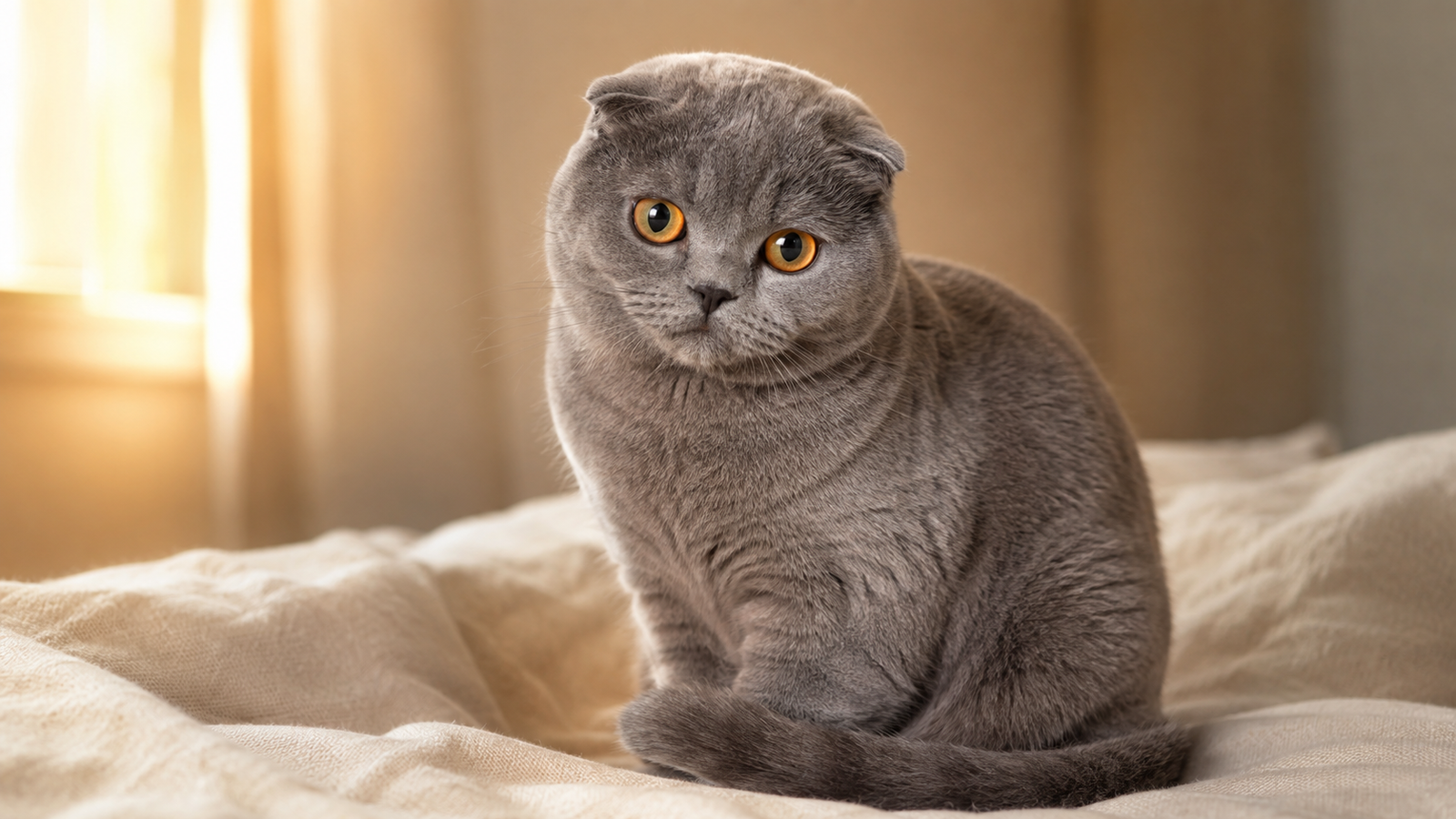 Blue-gray Scottish Fold cat with folded ears and copper eyes sitting on a cream blanket in warm window light