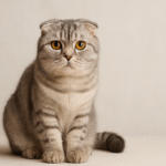 Scottish Fold cat with silver tabby coat, folded ears, and round amber eyes sitting against a soft neutral background