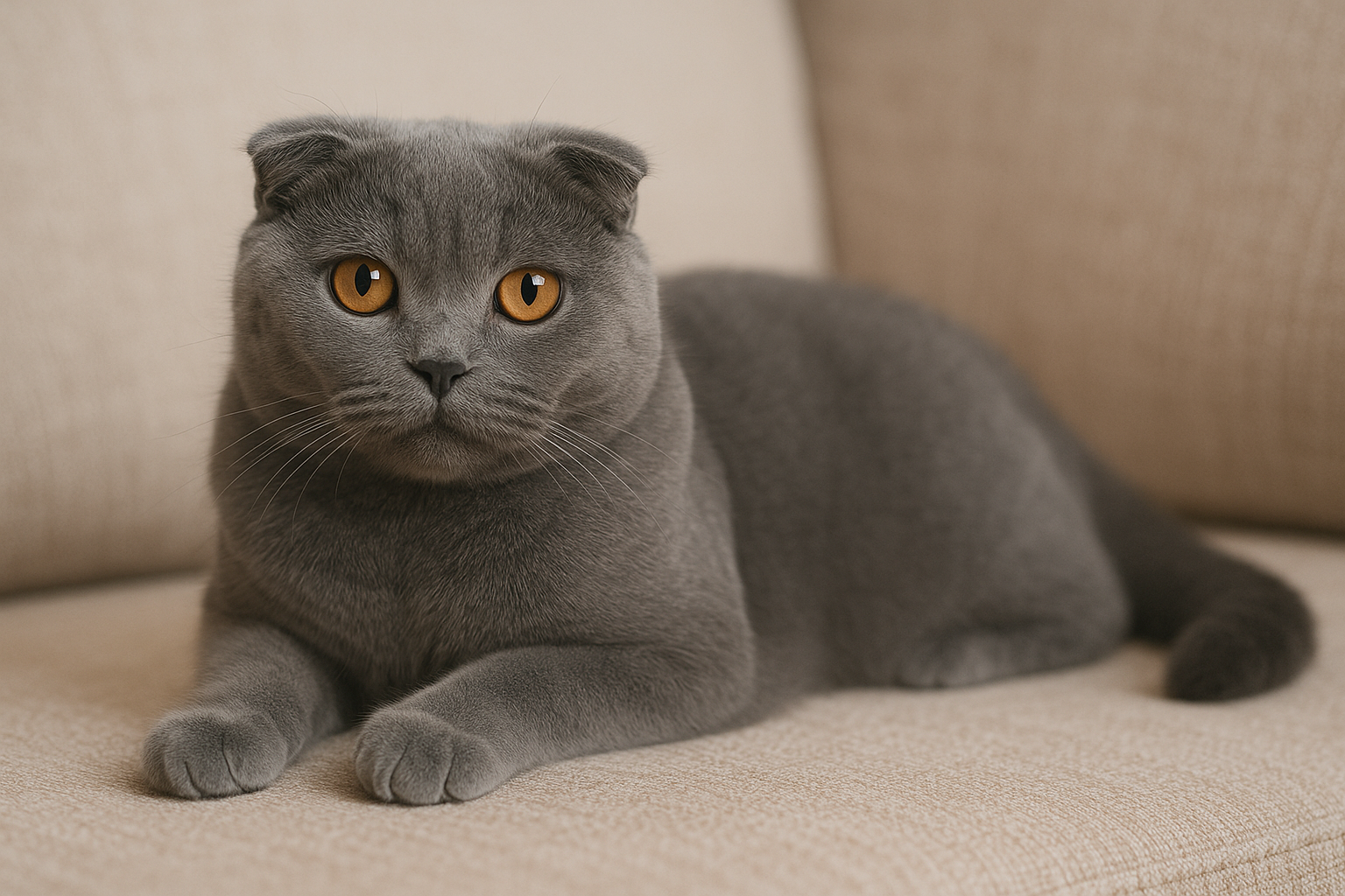 Scottish Fold Cat with folded ears and round face lying on a blanket