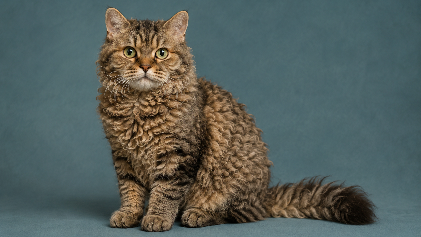 Brown tabby Selkirk Rex cat with loose curly coat and plumy curly tail sitting on a teal-gray studio backdrop.