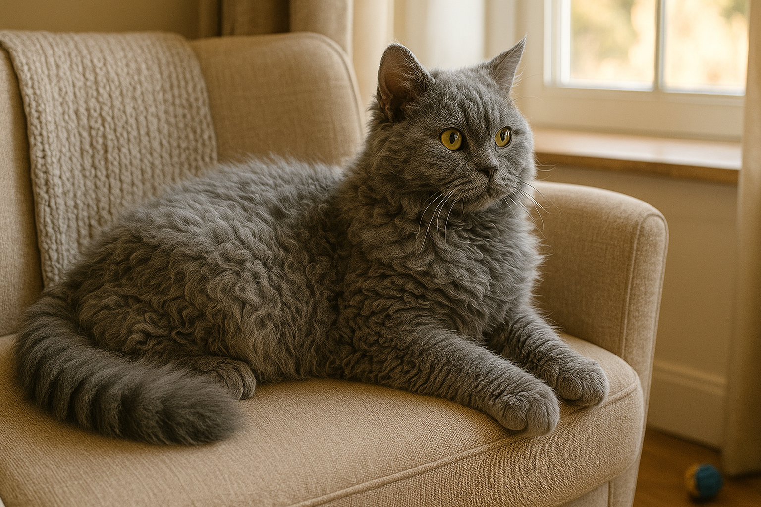 Selkirk Rex Cat with curly coat and relaxed expression indoors