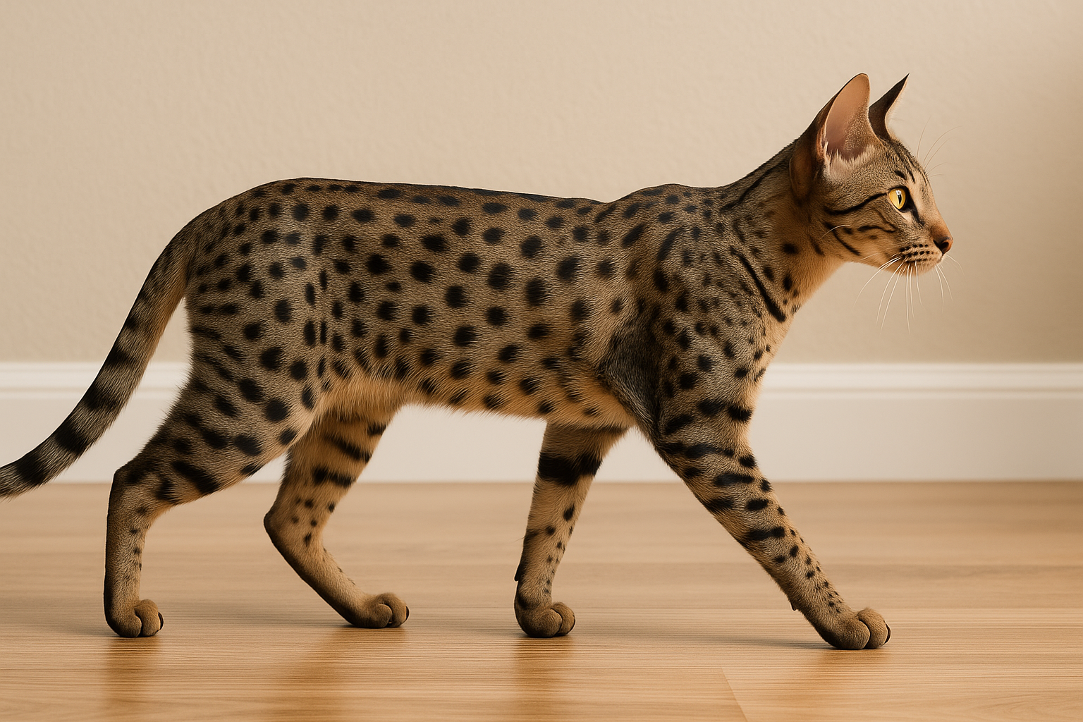 Serengeti cat walking in profile across a hardwood floor, showing its sleek, spotted coat and muscular build against a neutral-colored wall