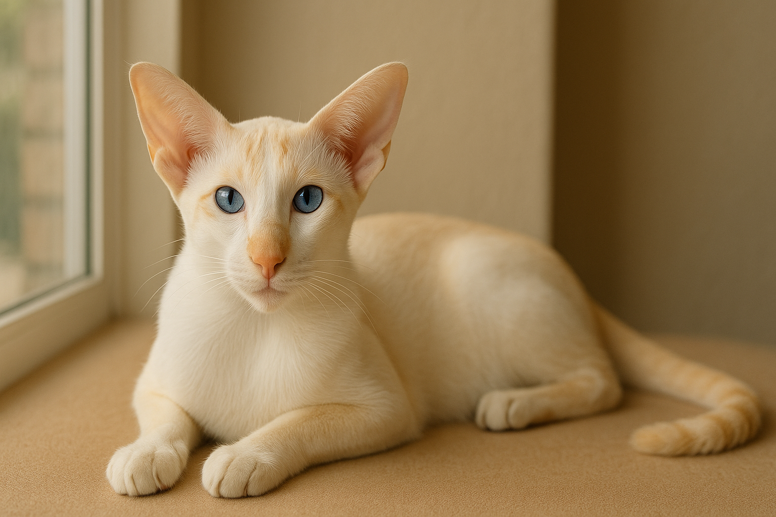 Seychellois Cat with a slender body and wide-set ears lies on a sunlit windowsill, showing a cream-white coat with faint apricot points and vivid blue almond-shaped eyes.
