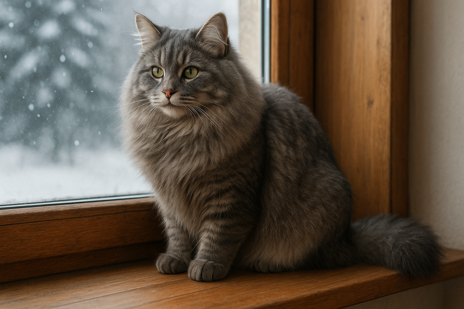 Fluffy gray Siberian Cat with green eyes sitting on a wooden windowsill, looking outside as snow falls against a blurred forest background. The cat’s thick winter coat and bushy tail are clearly visible in the soft natural light.
