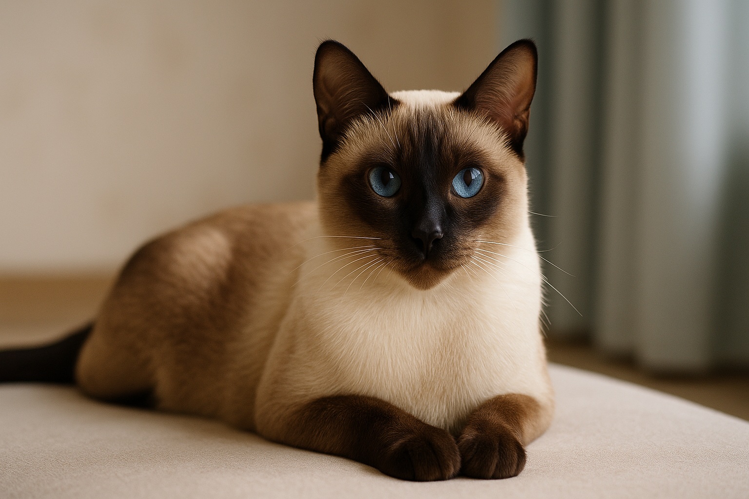 Thai cat lying on a beige cushion with blue eyes and dark point markings