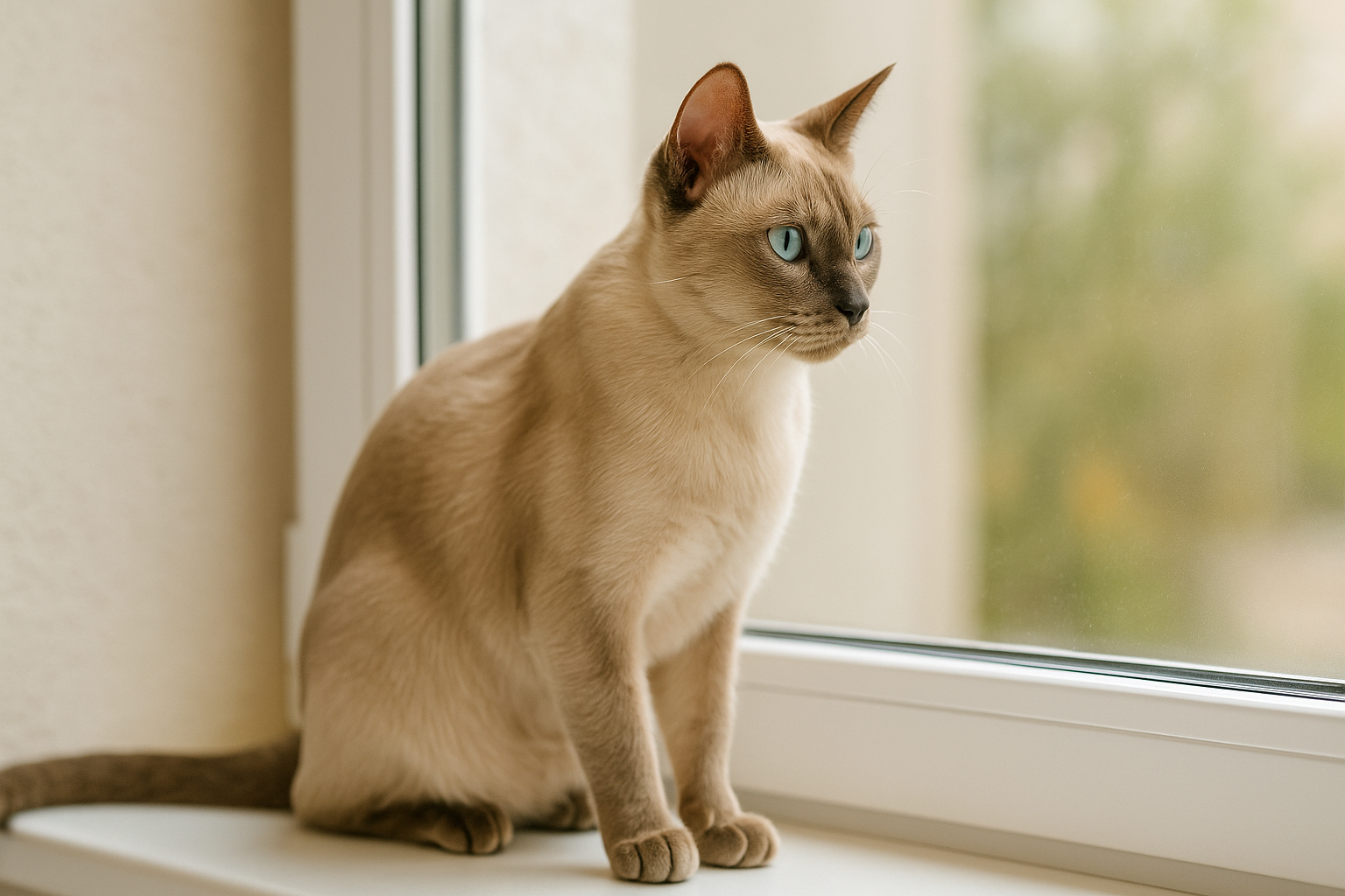 Tonkinese Cat sitting near a window with aqua eyes and soft mink coat