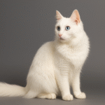 White Turkish Angora cat with blue eyes sitting gracefully on a gray background, showing its long silky coat and elegant posture.