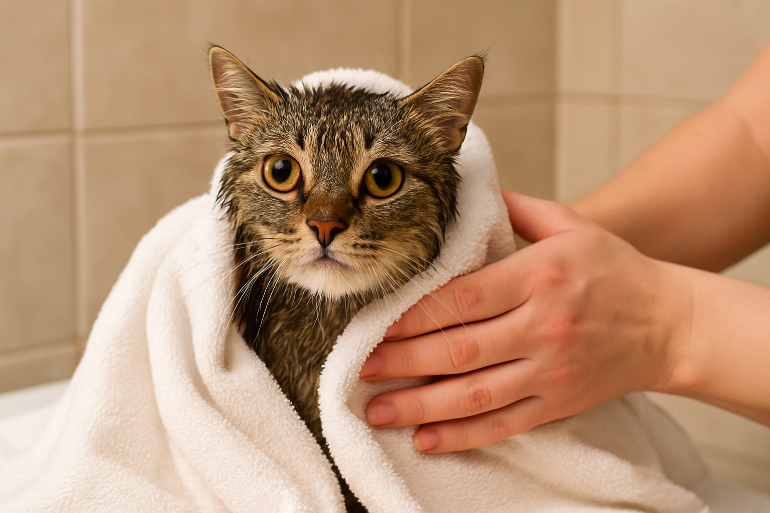 Wet short-haired tabby cat wrapped in a white towel, being gently dried by human hands, with wide golden eyes and damp fur visible around the face and chest in a tiled bathroom setting.