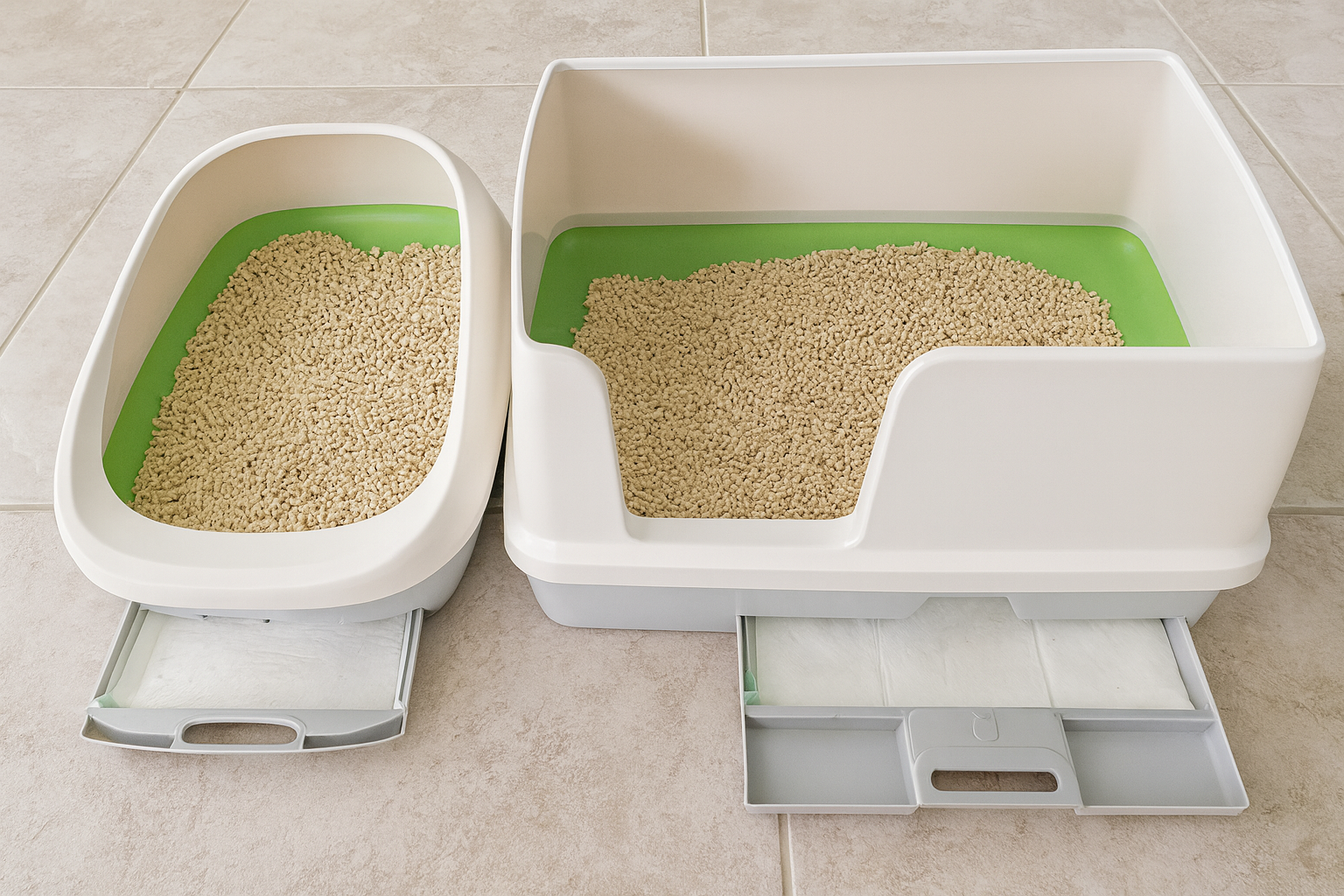 Standard Breeze litter box and Breeze XL litter box side by side on a beige tile floor, filled with pellets and pads visible in the trays.