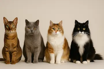 A group of four distinct cat breeds sitting side by side against a light background, showcasing variety in fur color and pattern