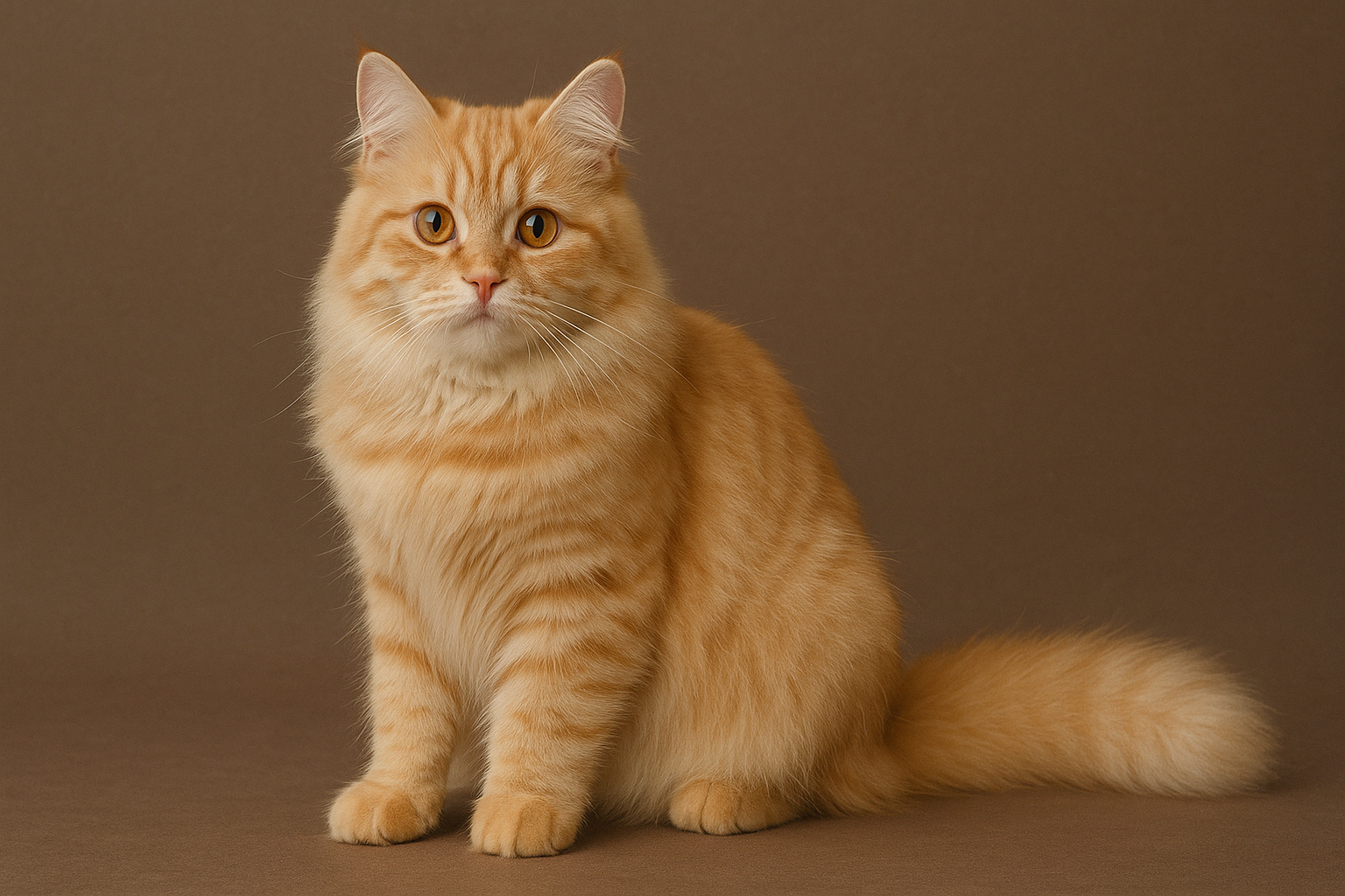 Scottish Straight cat with silver tabby coat and amber eyes lying on a beige background